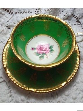 Vintage Paragon Double Warrant Cabbage Rose Green Heavy Gold Teacup And Saucer
